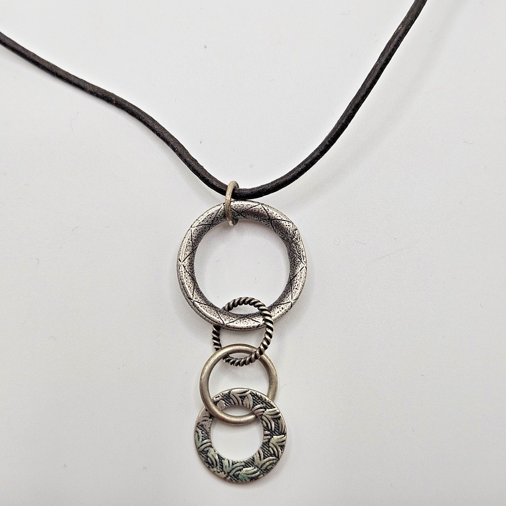 Silpada Sterling Silver Necklace 4 Linked Rings Leather Cord 16"